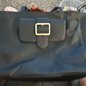 Tommy Hilfiger Black Leather Tote Bag with Gold Buckle